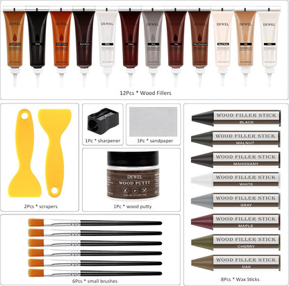 DEWEL Wood Furniture Repair Kit, Upgrade Wood Filler, Furniture Touch Up Markers with Wax Sticks, 42 Pcs Floor Touch Up kit for Scratches, Cracks, Hole, Laminate, Table, Bedposts
