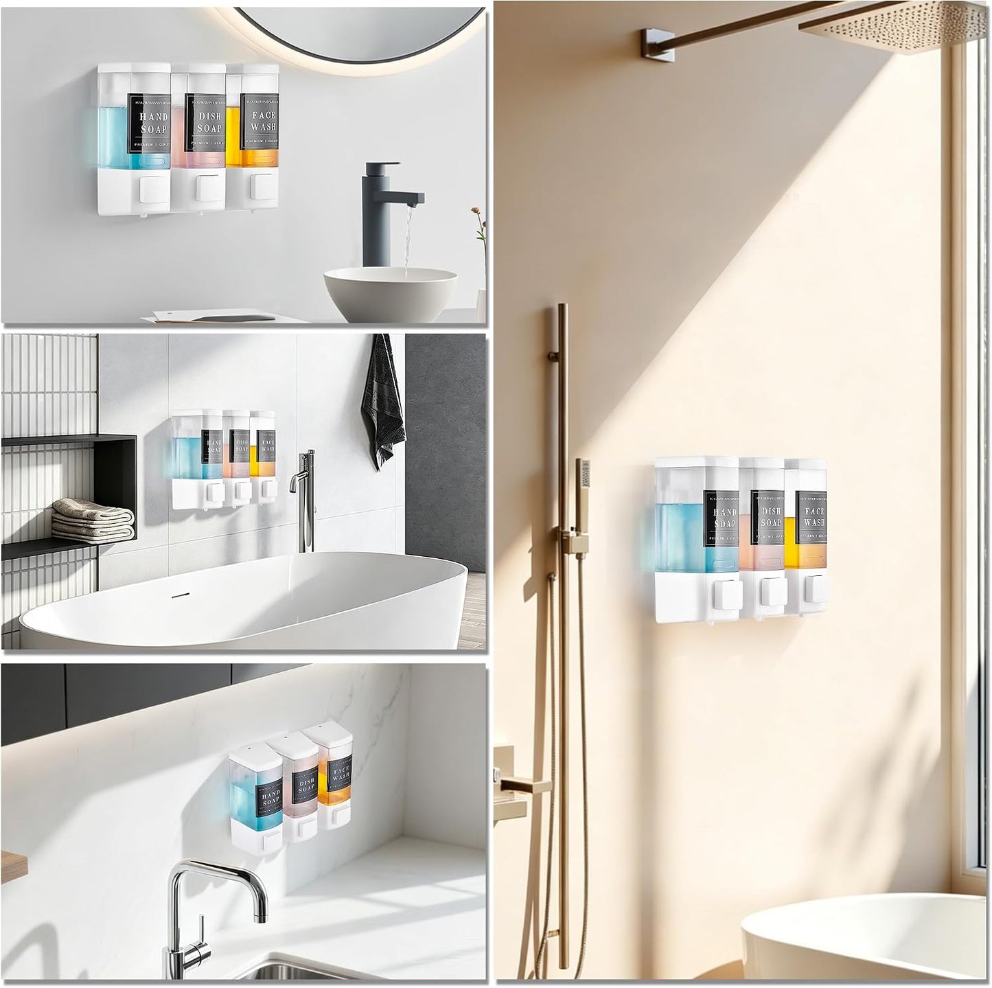 Shampoo and Conditioner Dispenser for Shower, 3 Chamber, Black | Wall Mounted, No Drill, 3×16.9oz, ABS Plastic Material, Refillable With Labels, For Bathroom Hotel