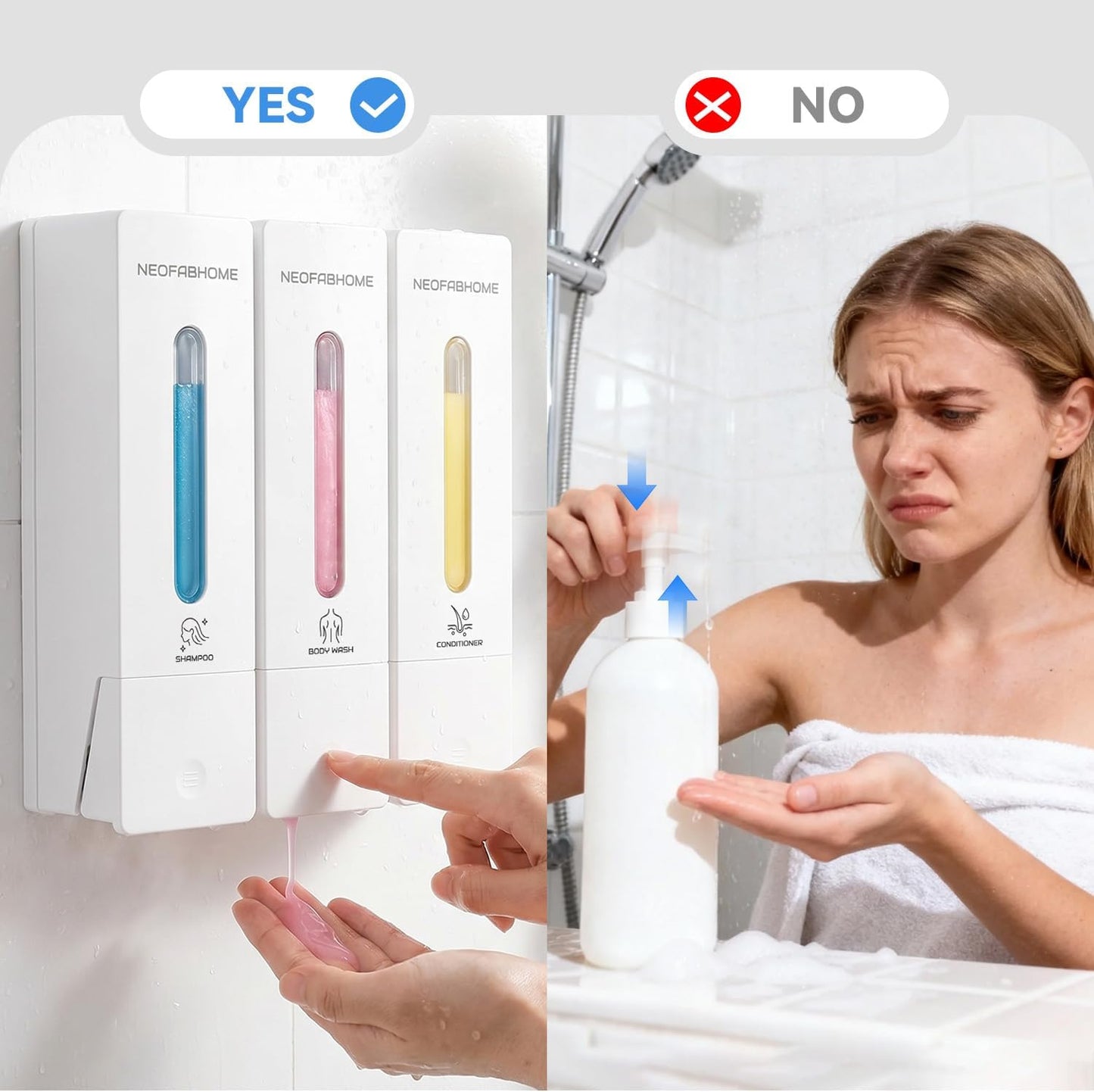 Shower Soap Dispenser Bathroom Accessories Set Wall Mounted No Drill | 3 Chamber Body Wash Shampoo and Conditioner Dispenser 1200ml Shampoo Bottles Holder Refillable with Pump for Hotel RV Laundry