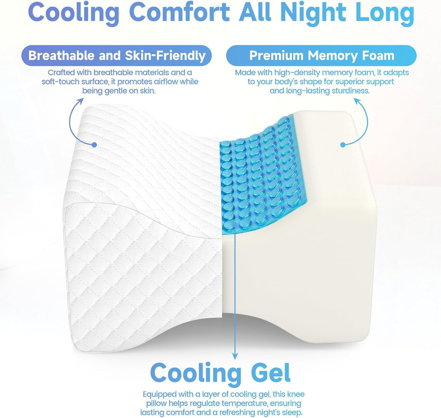 CloudBliss Cooling Gel Knee Pillow for Side Sleepers, Memory Foam, White | Contoured leg pillow, high-density foam, removable machine-washable cover, breathable fabric, hip and knee support