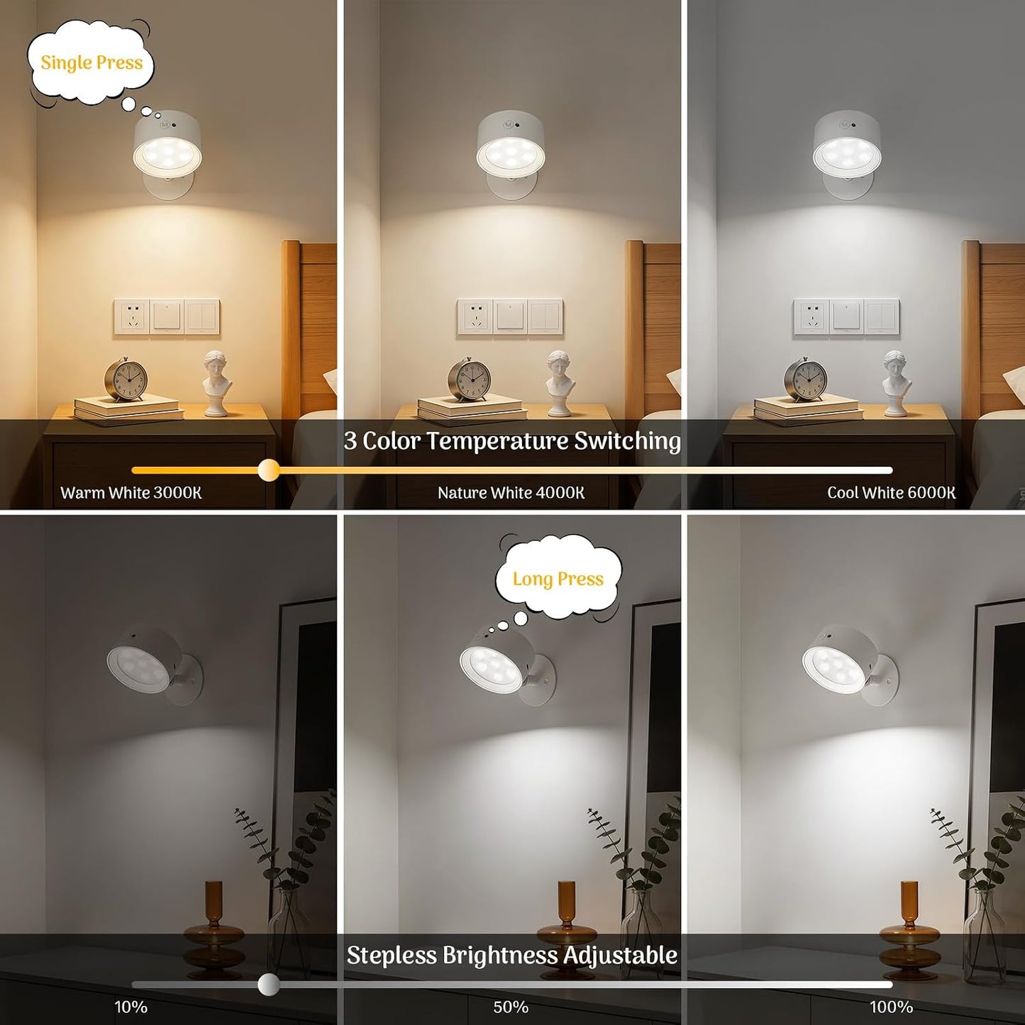 Rechargeable Wall Sconce 2 Pack, Remote & Touch Control, Dimmable | 3 Color Temps, Wireless LED Wall Lights, Magnetic Reading Light, 360° Rotating Wall Lamps for Bedroom Bedside, Living Room
