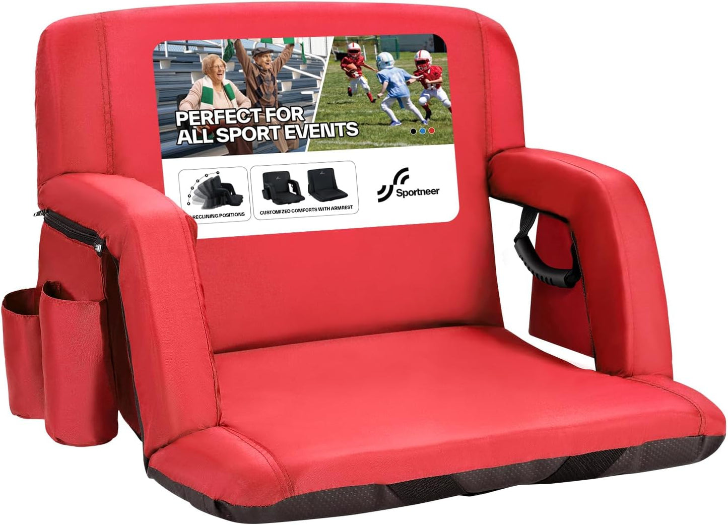 Sportneer Stadium Seats with Back Support: 2.5'' Thick Comfy Cushion 6 Adjustable Angle Bleacher Seat with Armrest - 2 Large Pockets, 2 Cup Holders Stadium Chair for Sport Events Concerts Parks