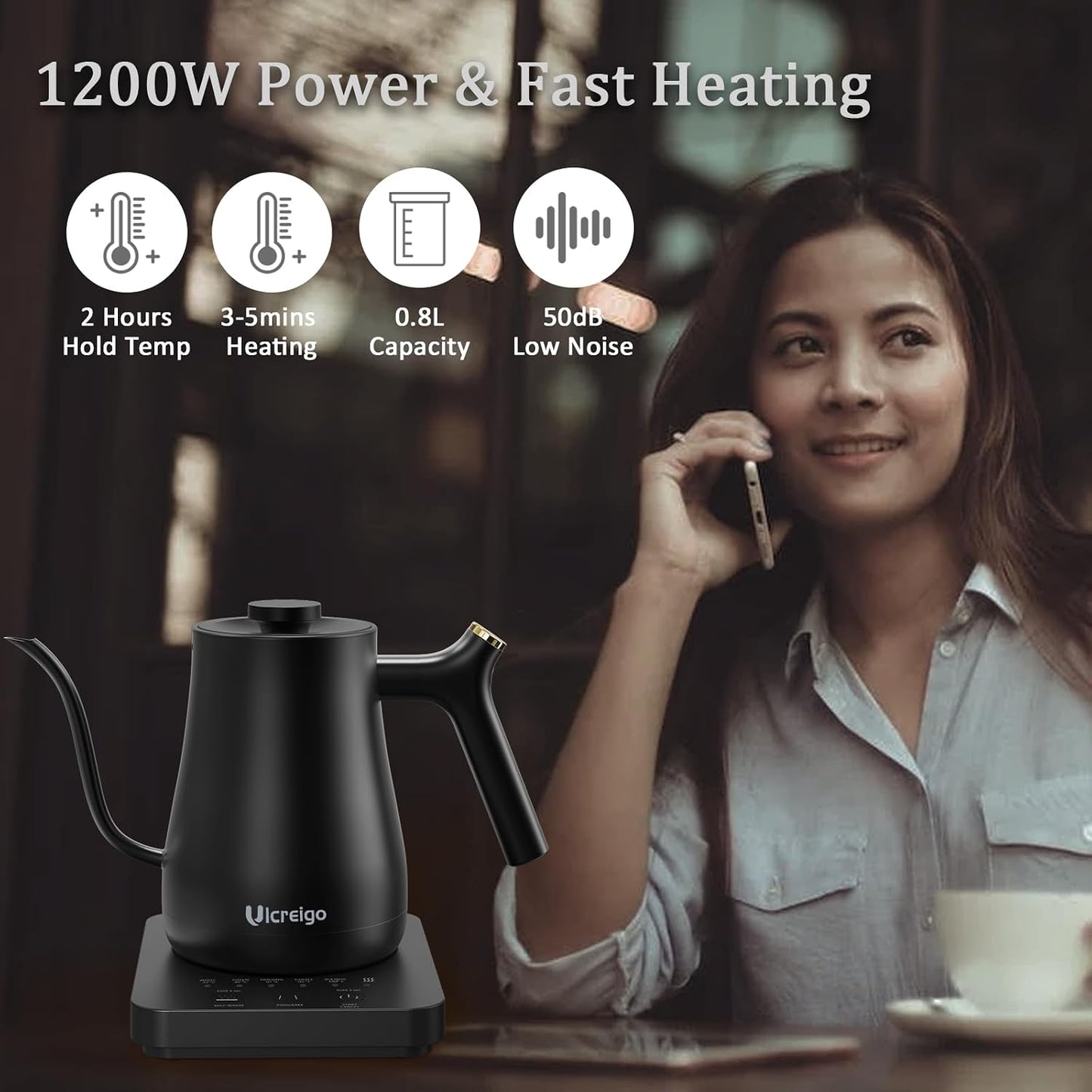 Gooseneck Electric Kettle,Ulcreigo Electric Kettle Temperature Control Tea Kettles for Boiling Water with 5 Variable Presets,Hot Water Boiler Heater for Coffee,304 Stainless Steel Black Color