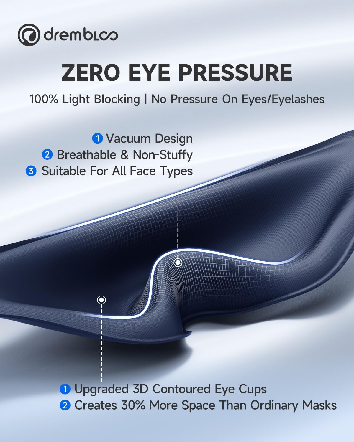 Sleep Mask for Side Sleeper Men Women, 100% Light Blocking Eye Mask for Lash Extensions, Soft 3D Contoured Zero Pressure Blindfold Sleeping Masks for Travel, Breathable Adjustable Eye Cover, Navy