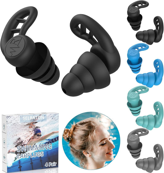 Swimming Ear Plugs for Adults, 4 Pairs Reusable Silicone Waterproof Colorful Swim Earplugs for Swimming Showering Snorkeling Surfing and Water Sports, Water Ear Plugs for Men and Women