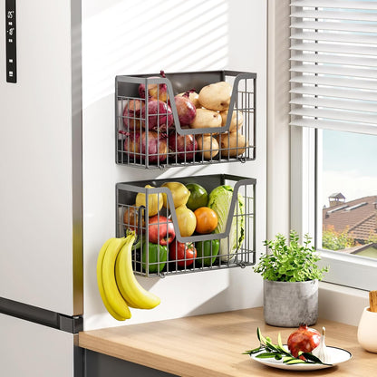 Magnetic Shelf for Fridge, Fruit Basket Magnet Shelves with 2 Hooks | Potato and Onion Storage Bins, Black Magnetic Organizer Side of Fridge Storage, Magnetic Spice Rack for Refrigerator Kitchen