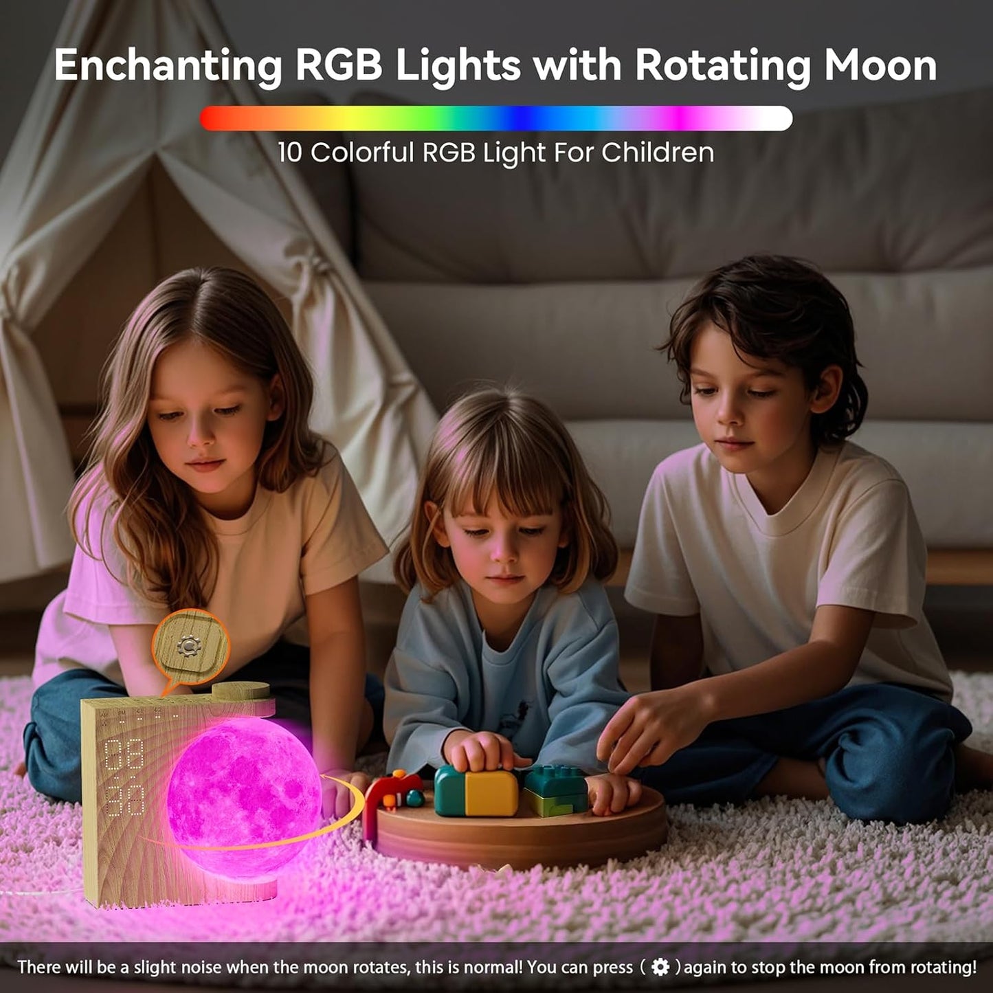 RETEYUNG Rotatable Moonlight Sunrise Alarm Clock,Sound Machines, Night Lamp for Bedrooms with Snooze, 10 Light Effects, 30/60/90 Timer, 10 Sleep Nature Sounds,15 Ringtones,12 Volume(Light Woodgrain)