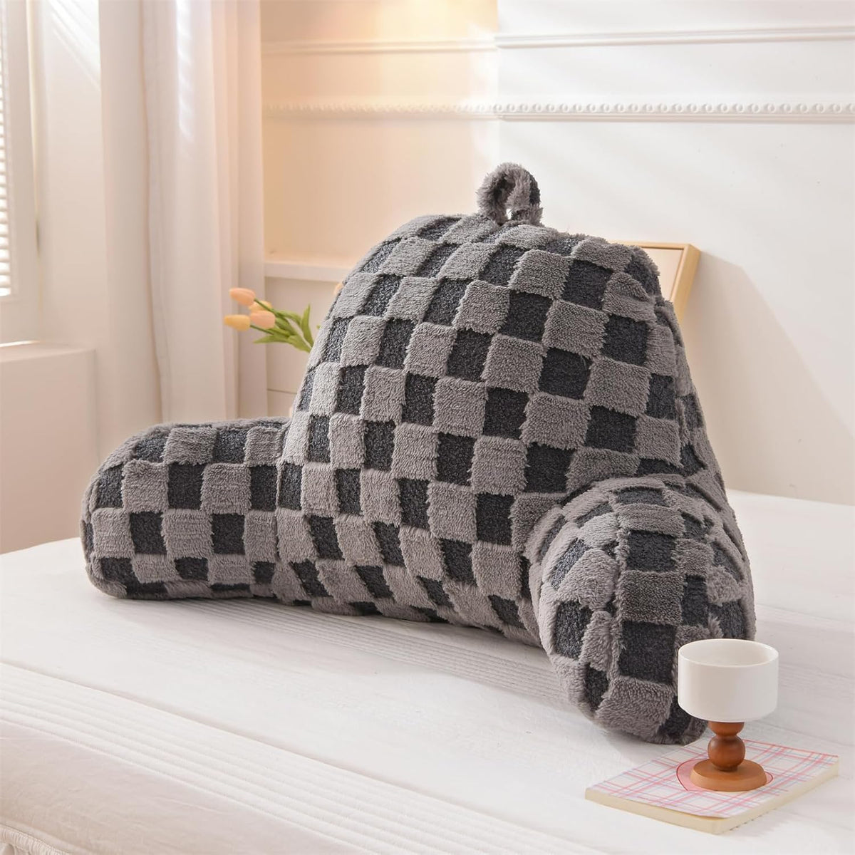 Aimuan Reading Pillow Checkered Bed Rest Wedge Backrest Checkerboard Pillow with Arms Back Support for Sitting Up in Bed Cushion Incline Rest Sleeping Snoring Pillow (Beige,Large)