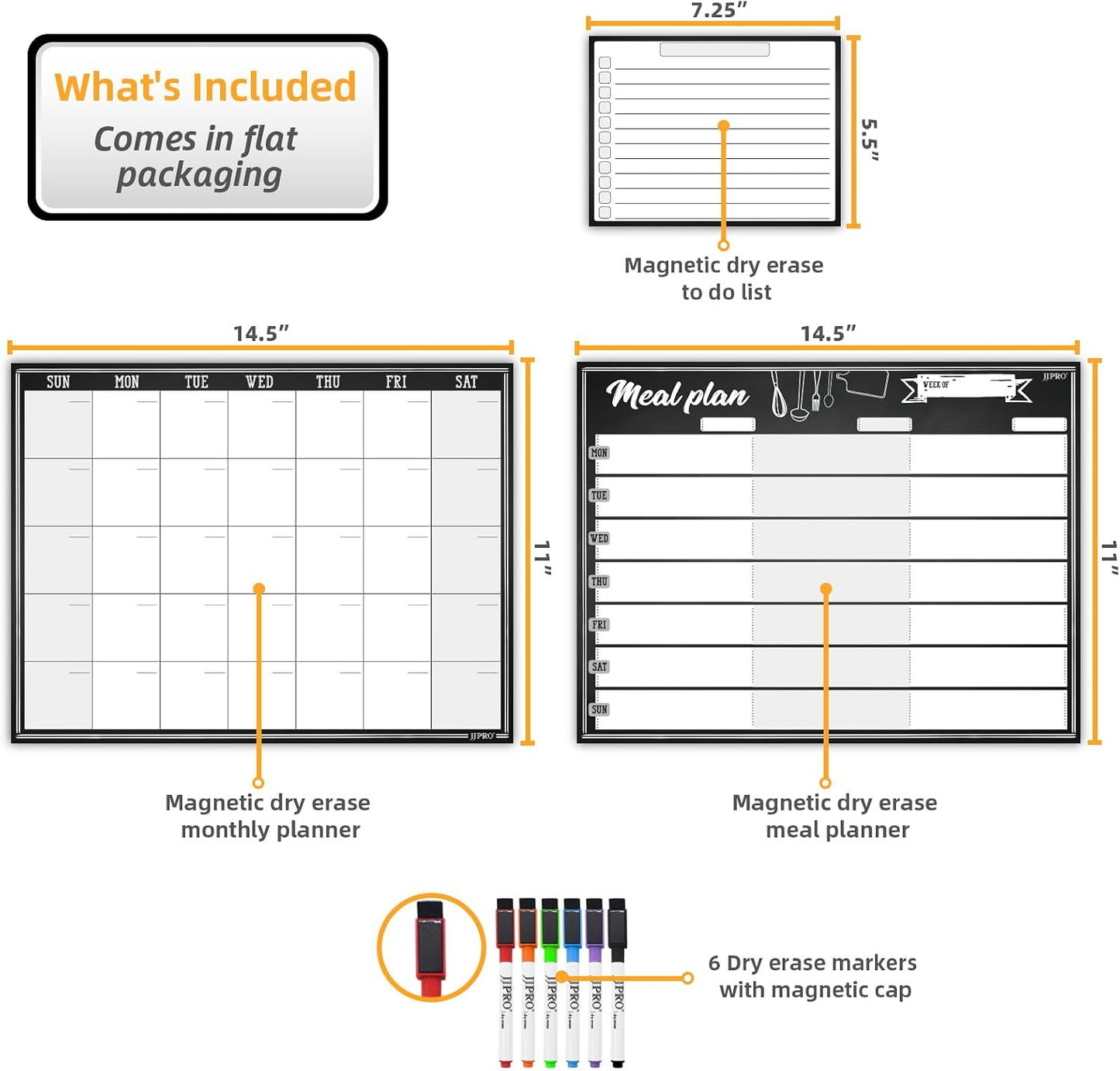 JJPRO Magnetic Dry Erase Meal Planning Whiteboard for Refrigerator-One 14.5x11 Weekly Menu Board and Two Notes Whiteboard for Kitchen Fridge-Refrigerator Organizer with Meal Planner Boards