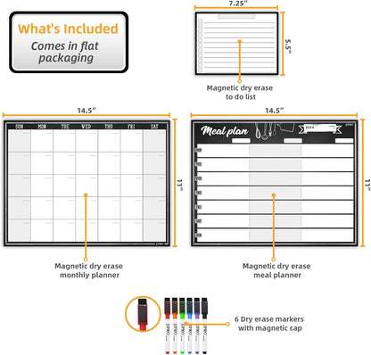 JJPRO Magnetic Dry Erase Meal Planning Whiteboard for Refrigerator-One 14.5x11 Weekly Menu Board and Two Notes Whiteboard for Kitchen Fridge-Refrigerator Organizer with Meal Planner Boards