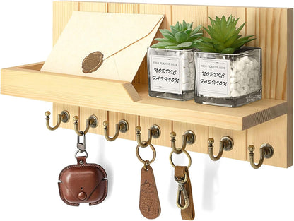 Rebee Vision Key Holder Wall Mount with 5 Key Hooks for Home Decor, Brown | 3.54'' x 10'' x 7.28'', Small Shelf for Display Plant, Key Hangers for Hat, Entryway Space-Saving Storage
