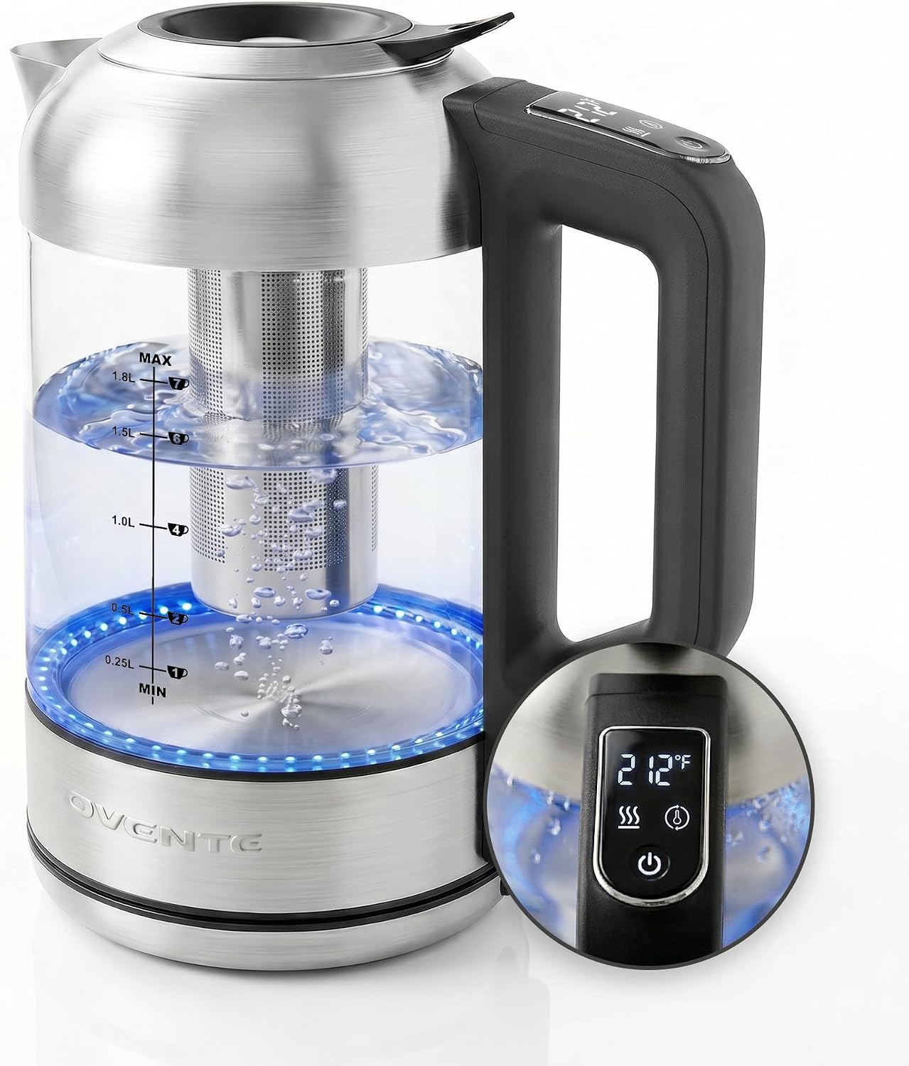 OVENTE 1.8L Glass Electric Kettle with Tea Infuser, Silver KGD752S | 1500W Fast Boiling, Easy Fill Lid, 7 Temperature Control, Keep Warm, Digital Display, Auto Shut-Off, Boil-Dry Protection
