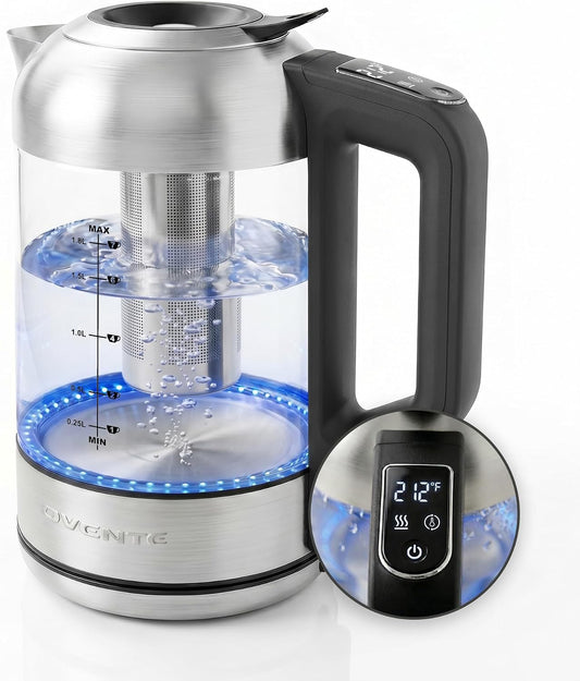 OVENTE 1.8L Glass Electric Kettle with Tea Infuser, Silver KGD752S | 1500W Fast Boiling, Easy Fill Lid, 7 Temperature Control, Keep Warm, Digital Display, Auto Shut-Off, Boil-Dry Protection