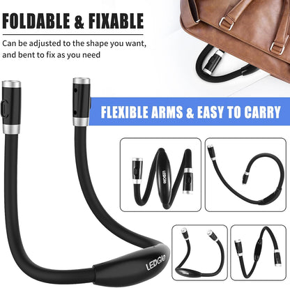 LEDGLE Neck Book Light for Reading Rechargeable,Long Arm,6 Brightness-Black