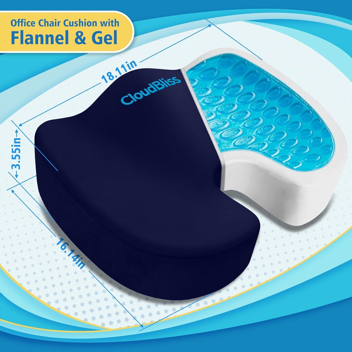 CloudBliss Gel Memory Foam Seat Cushion for Long Sitting, Large, Black | Gel Chair Pad for Tailbone, Coccyx, Sciatica , Soft Suede Cover, Non-Slip , Washable Mesh, for office, home, car