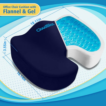 CloudBliss Gel Memory Foam Seat Cushion for Long Sitting, Large, Black | Gel Chair Pad for Tailbone, Coccyx, Sciatica , Soft Suede Cover, Non-Slip , Washable Mesh, for office, home, car