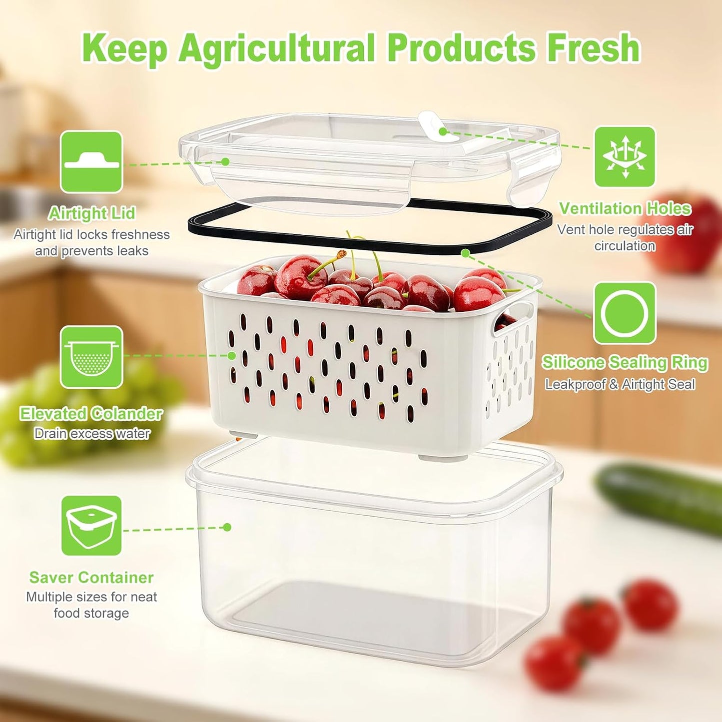8 Pieces Fruit Storage Containers for Fridge with Lids and Strainer | 4Pack Fruit Containers for Fridge, Fresh Produce Saver Keeper for Vegetable Fruit Salad, BPA Free Organizer for Refrigerator