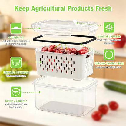 8 Pieces Fruit Storage Containers for Fridge with Lids and Strainer | 4Pack Fruit Containers for Fridge, Fresh Produce Saver Keeper for Vegetable Fruit Salad, BPA Free Organizer for Refrigerator