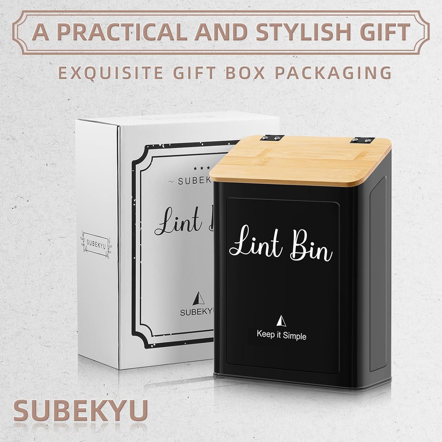 SUBEKYU Magnetic Lint Bin for Laundry Room Organization and Storage,White | Wall Mounted Metal Lint Box Holder Trash Can with Bamboo Lid for Dryer,Lint Basket for Laundry Room Decor
