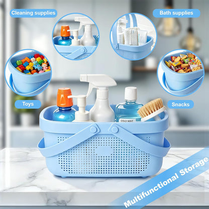 JiatuA Plastic Storage Basket with Handle Portable Shower Caddy Tote Organizer Basket Bin for Bathroom Kitchen Dorm Room Bedroom, Green | Sturdy Drainage Large Capacity Organizer Basket with Silicone Handles for Bathroom Kitchen Bedroom College Dorm
