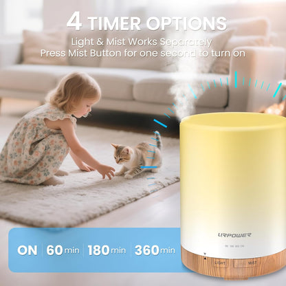 URPOWER 300ml Essential Oil Diffuser: Ultrasonic Aromatherapy Diffuser Quiet Auto Shut-Off, 4 Timer Settings(1H 3H 6H ON) & 7-Color Night Light Humidifier for Yoga Bedroom Living Room Office
