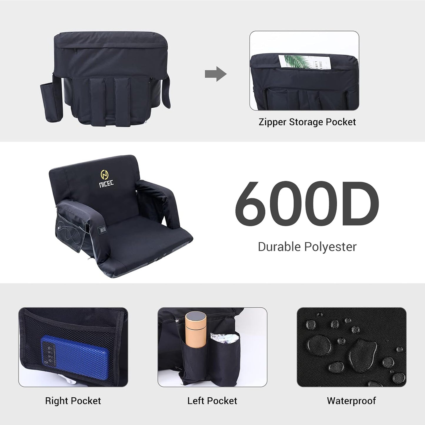 Nice C Heat Massage Stadium Seat, Reclining Bleacher Seat (Regular 1 Pack) | Foldable Floor Arena Chair, Waterproof Stadium Cushion, Thick Padding, Back Support, Shoulder Straps, Side Pockets