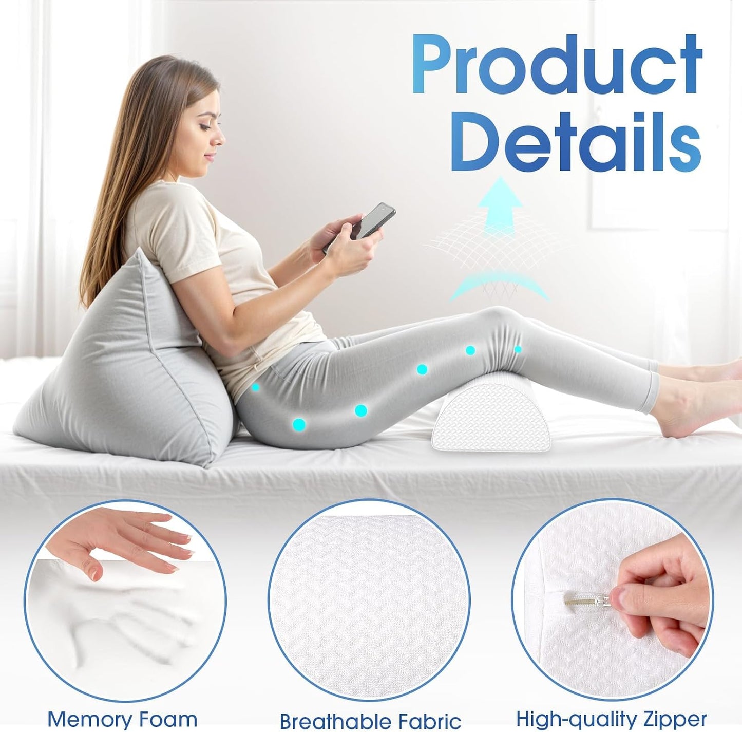 TranquilRelax Knee Pillow for Back Sleeping Memory Foam Half Moon Bolster Pillow for Legs, Under Knee Support, Ankle & Foot Comfort Orthopedic Pillow for Side Sleepers (White, 20.4" x 8" x 4.9")