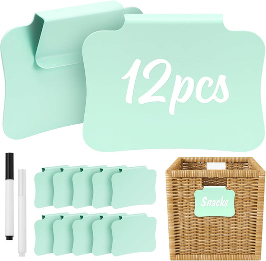 12PCS Basket Labels Clip On for Storage Bins, Removable & Erasable Bin Labels Clips On, Laundry Kitchen Pantry Labels for Organizing Baskets Cube Box (Pink)