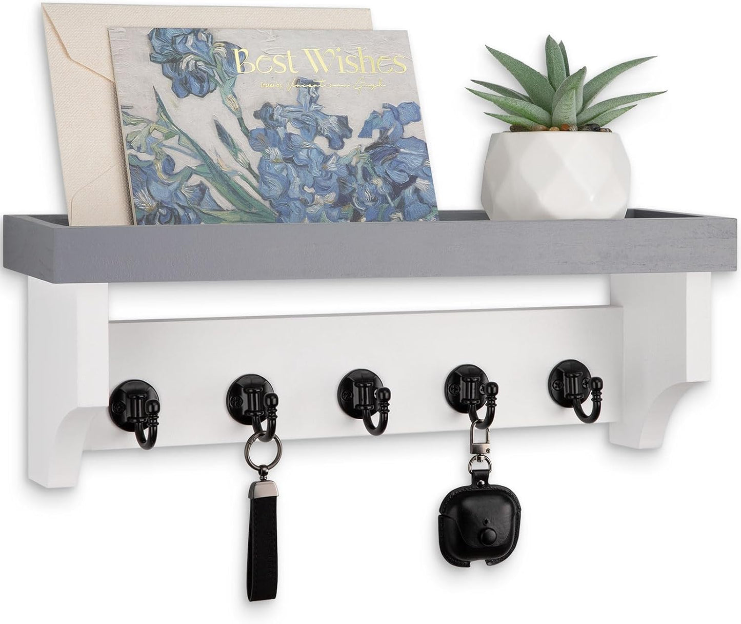 Key and Mail Holder Wall Mount, Mail Organizer with 5 Key Hooks | Key Holder with Shelf, Key Holder for Coat, Dog Leash, Home Decor Rack, Entry Way Organizer