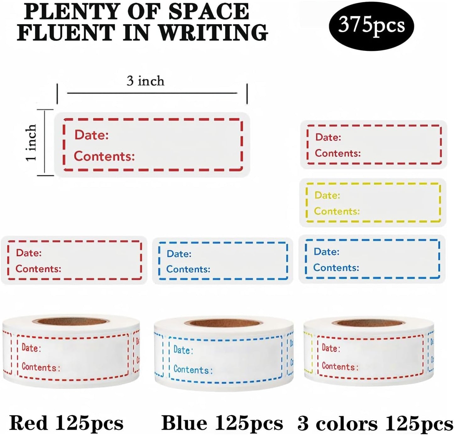 Freezer Labels 375pcs - 3"x1" Self-Adhesive Removable Food Labels | Write-On Waterproof & Oil-Proof Tape for Containers, Meal Prep & Pantry Organization (3 Rolls, 3 Colors) | BPA-free waterproof stickers leave zero residue. Safe for freezer, microwave &