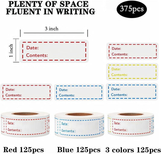Freezer Labels 375pcs - 3"x1" Self-Adhesive Removable Food Labels | Write-On Waterproof & Oil-Proof Tape for Containers, Meal Prep & Pantry Organization (3 Rolls, 3 Colors) | BPA-free waterproof stickers leave zero residue. Safe for freezer, microwave &