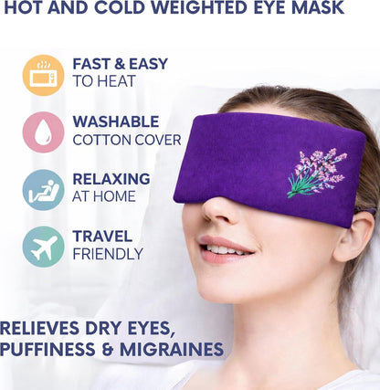 Weighted Clay Beads and Lavender Buds Eye Pillow Mask, Microwavable Heated or Cold Compress for Dry Eyes & Puffiness, Reusable Migraine Relief Mask with Washable Cotton Cover