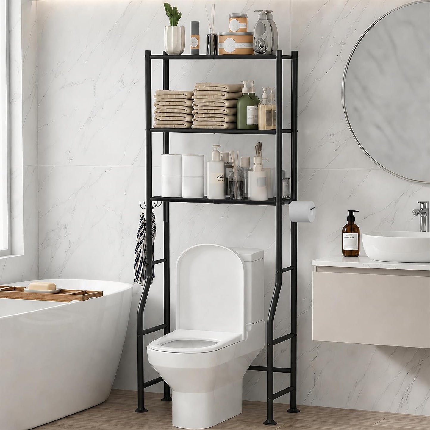 GloTika 3-Tier Over Toilet Storage, Anti-Tilt, 64" H, Black | Anti-Tilt Safety System, 150lb Capacity, Carbon Steel, Freestanding, No Drilling, Anti-Rust Coating, Paper Holder & 4 Hooks