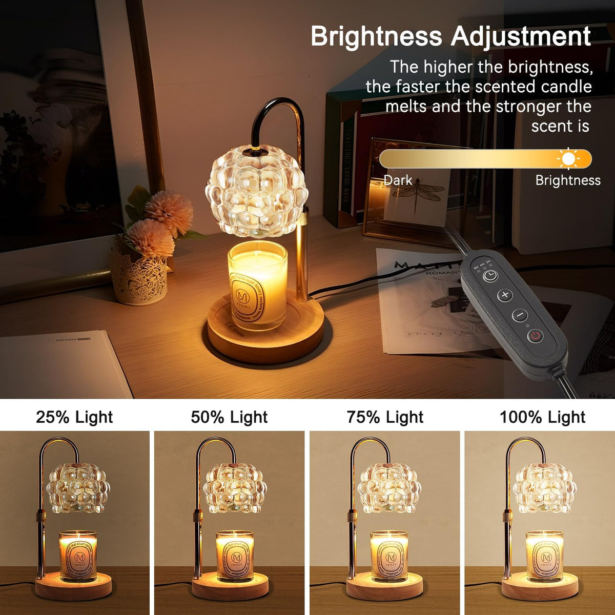 Candle Warmer Lamp with Timer Adjustable - Height Candle Warmer, Dimmer, Black Glass Wax Melting Lamps for Home Decor, for Candles in Jars with 2 Bulbs