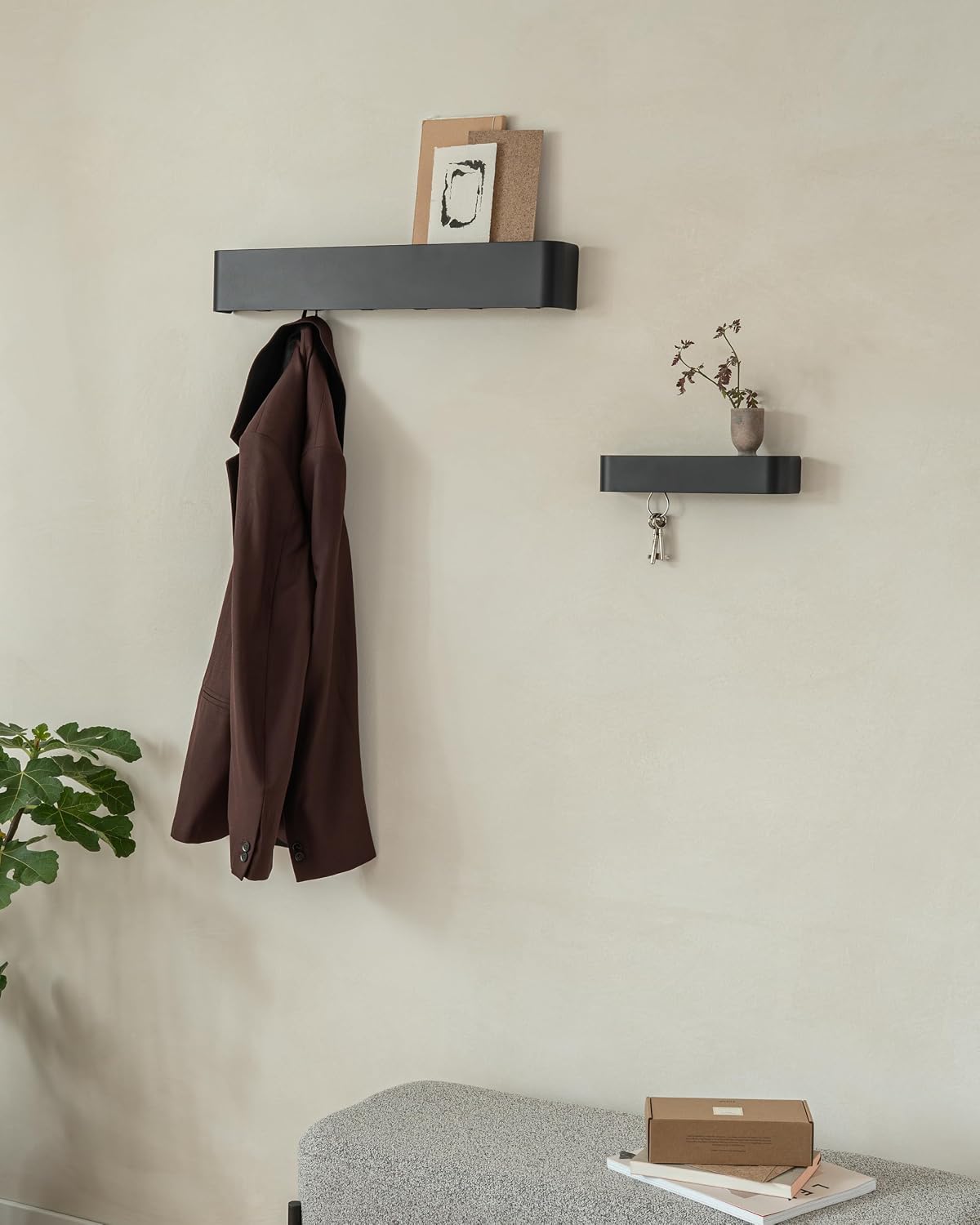 Kazai. Key Holder for Wall 'Tone' | Minimalist Key Hooks Design from Berlin | Modern Key Hanger with Metal Shelf | Key Hook Wall Mounted as Hallway Furniture | Black