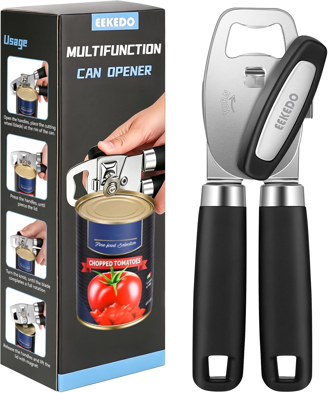 Can Opener Manual Heavy Duty Stainless Steel | with Magnetic Lid Lifter, Sharp Cutting Wheel, Soft Ergonomic Handle, Oversized Turn Knob, Multifunctional Kitchen Tool
