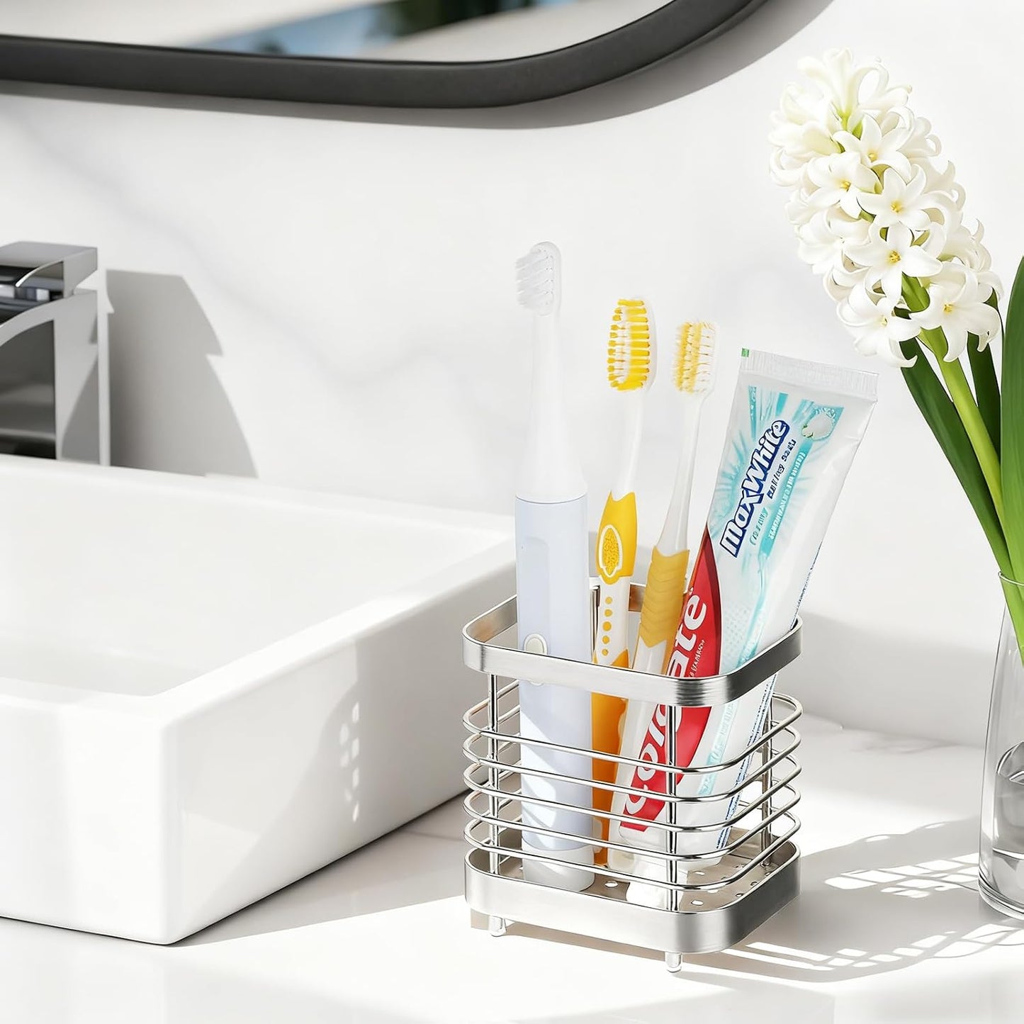 Toothbrush Holders for Bathrooms, 4 Slots Metal Tooth Brushing Organizer | Rustproof Electric Tooth Brush Toothpaste Holder with Drainage for Bathroom Countertop, White