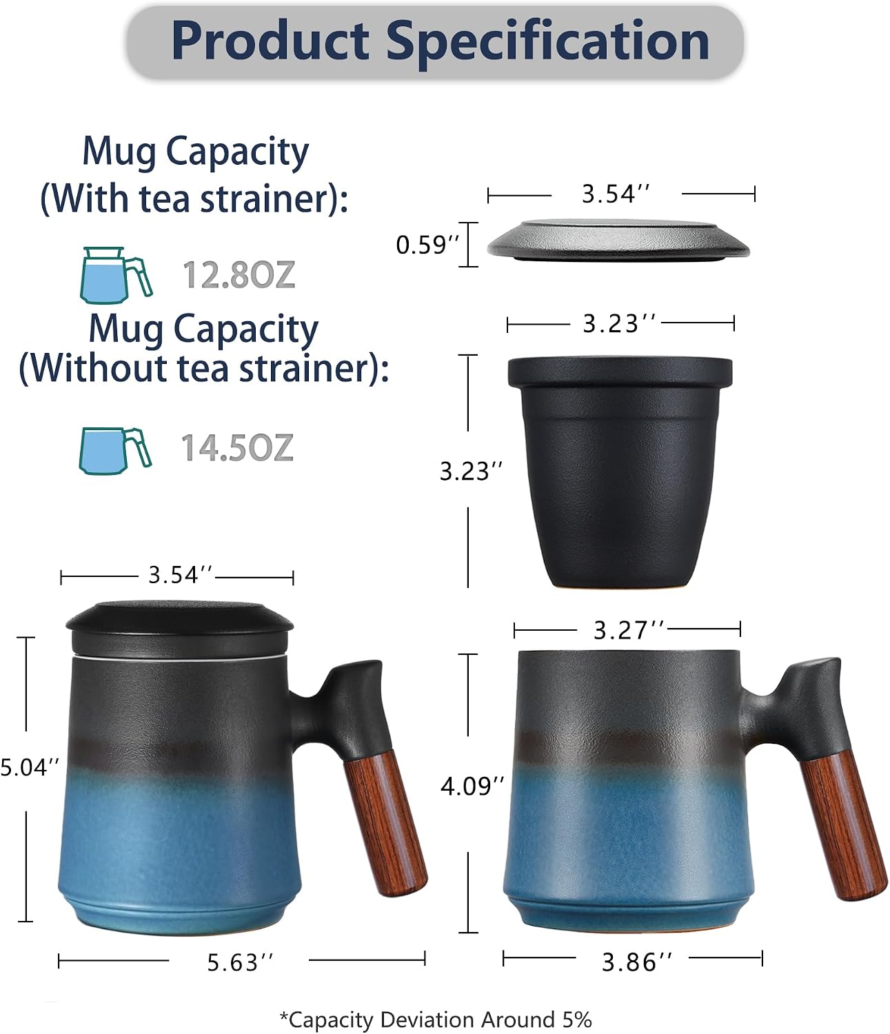 ZENS Tea Mug with Infuser and Lid for Loose Leaf Tea Steeper, 16.9oz Moss | Embossed Ceramic Tea Cup with Infuser for Herbal Tea Difussers, Tea Lovers Gifts, Nature Wood Handle