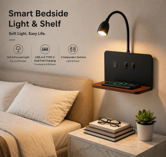 Bedside Wall Sconce with Wireless Charging Station & USB Charging, 3 Adjustable Color Temperatures LED Reading Light, 3000K Warm Ambient lighting Wall Mounted Sconce for Bedroom, Plug-in or Hardwired