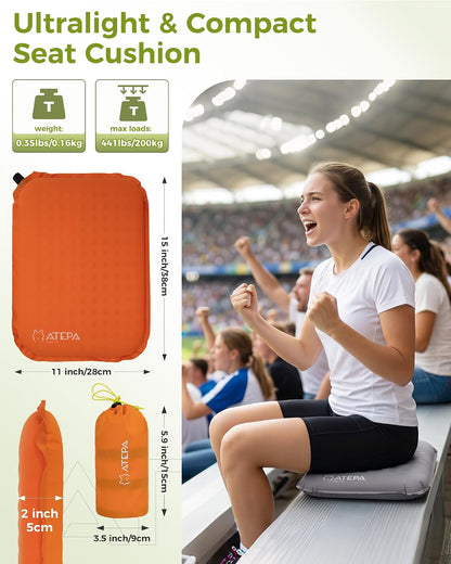ATEPA Inflatable Seat Cushion | 2" & 2.5" foam core seat pad, Self inflating, Compact, Stadium, Airplane, Travel, Camping, Hiking, Sports events