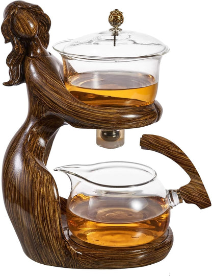 Glass Kungfu Teapot Set Tea maker with Infuser Semi Automatic Tea Set with 6 Small Cups (Red)