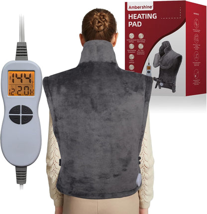 Ambershine 19''x24'' Weighted Neck & Shoulder Heating Pad, 2.5lbs with 12 Temperature Settings& 4 Auto-Off Timers, Pain Relief for Neck/Shoulder/Back(Gray&Blue)