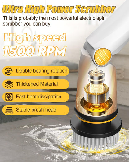 Qimedo 1500 RPM Electric Spin Scrubber with Two Batteries Q2 Pro, Cordless Battery Powered Shower Scrubber,Electric Tile Floor Scrubber with Display for Grout/Tile/Tub (Effortless Handle/8 Brushes)