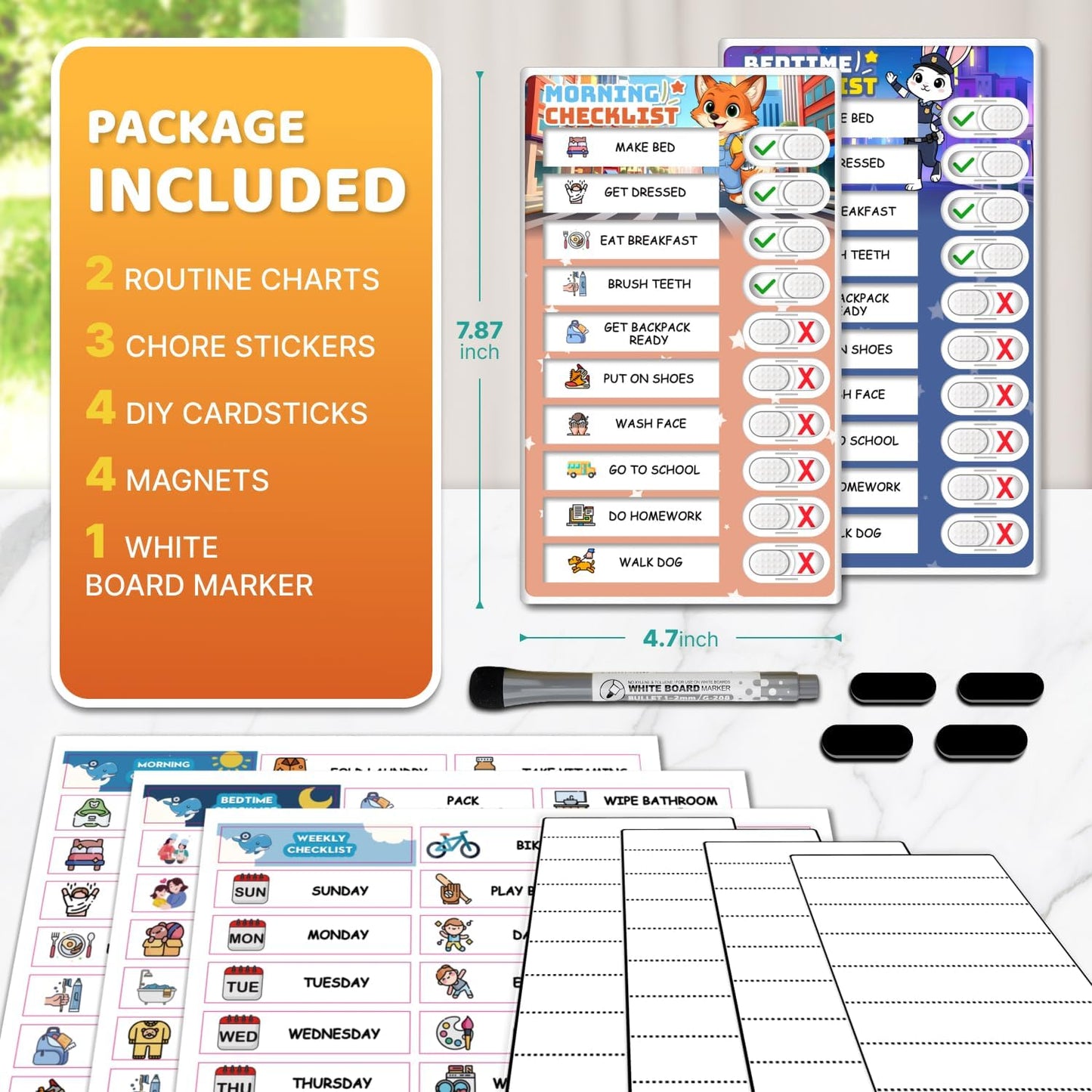 2 in 1 Upgraded Slider Morning/Bedtime Routine Chart for Kids Toddlers - Magnetic Kids Chore Chart for 2 Kids, Dry Erase Chore Chart for Kids, Visual Schedule for Kids with Cute Chore Stickers