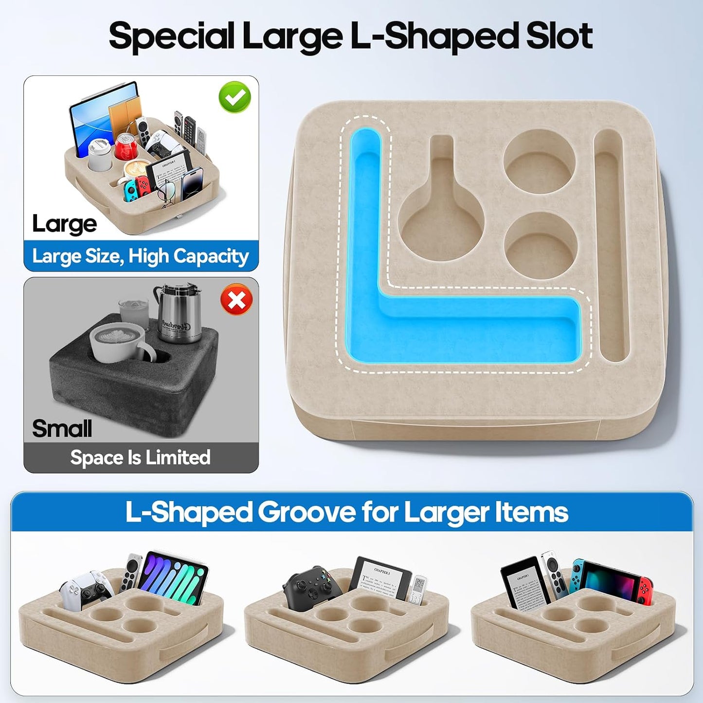 Couch Cup Holder Pillow, Sofa and Bed Caddy for iPad, Kindle, Switch, Game Controller, Remotes, Phones, Small-Sized Cup & Drink Holder for Couch, Bed, Desk, Car, Beach, Bathroom Cup Holder