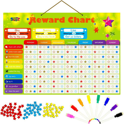 Magnetic Reward Chart, Dry Erase Kids Behavior Responsibility Task Board-84 Chores (Including 7 Blanks), 272 Magnetic Stars, 8 Markers & 3 Name Cards-Good Behavior Daily Routine to Motivate Kids