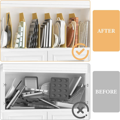 4 Pack Wood Tray Dividers for Cabinet, Cookie Sheet Organizer for Cabinet | No cutting required, Premium Wood, 2 Assembly Methods, Kitchen Cabinet Dividers for Storing pans, Baking tray, Cutting Board