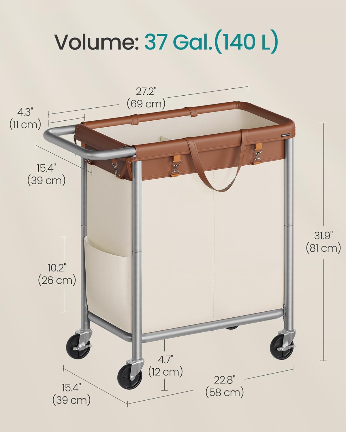 SONGMICS Laundry Basket with Wheels, 4-Section Rolling Laundry Hamper, 68.6 Gallons (260 L), Removable Liner, Steel Frame with Handle, 43.3 x 15.4 x 31.9 Inches, Cream White URLS014W01