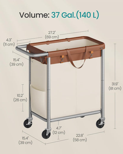 SONGMICS Laundry Basket with Wheels, 4-Section Rolling Laundry Hamper, 68.6 Gallons (260 L), Removable Liner, Steel Frame with Handle, 43.3 x 15.4 x 31.9 Inches, Cream White URLS014W01