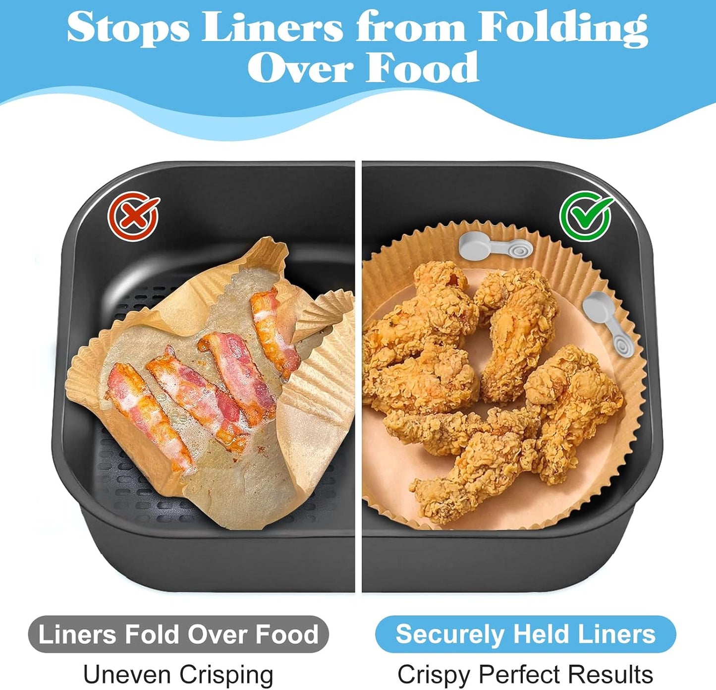 Air Fryer Magnet Silicone Buckles for Parchment Paper – 2 Pack Reusable Accessories for Disposable Basket Liners, Secure Baking Paper, Prevent Shifting & Burning (Black)